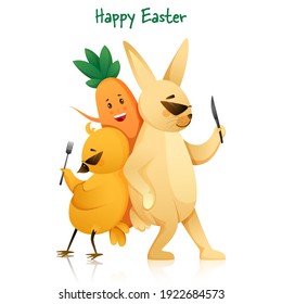 Cartoon Bunny With Carrot And Chick Character Together On White Background For Happy Easter Concept.