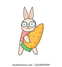 Cartoon bunny with carrot. Easter greeting card
