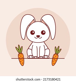 Cartoon bunny with carrots. Cute sitting white bunny. Vector stock illustration.