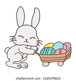 Cartoon bunny with a cart of Easter eggs. Cute little illustration of rabbit for kids, baby book, fairy tales, covers, baby shower invitation, textile t-shirt. Vector illustration of a cute animal.