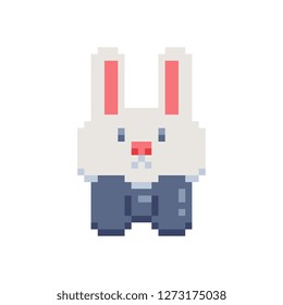 Cartoon bunny character  in a bow tie pixel art flat style isolated vector illustration. Element design for stickers, logo, embroidery, mobile app. Video game assets.