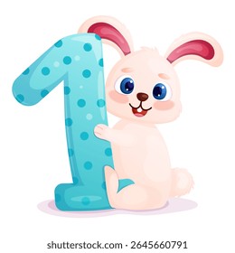 Cartoon bunny character holding number one for first birthday greeting card design. Kids birthday invitation element with adorable rabbit.