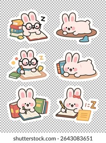 Cartoon bunny characters focused on studying with books and stationery. Ideal for student or academic themes.