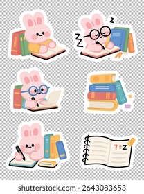 Cartoon bunny characters focused on studying with books and stationery. Ideal for student or academic themes.