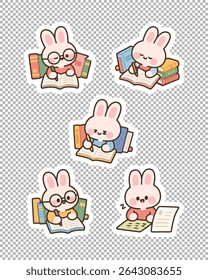 Cartoon bunny characters focused on studying with books and stationery. Ideal for student or academic themes.