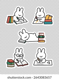 Cartoon bunny characters focused on studying with books and stationery. Ideal for student or academic themes.