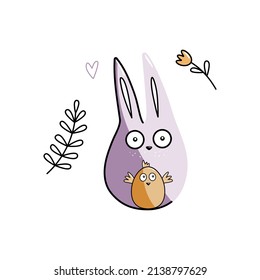 Cartoon bunny and chicken. Easter illustration. Cute Easter doodle drawing. Vector illustration in flat style.