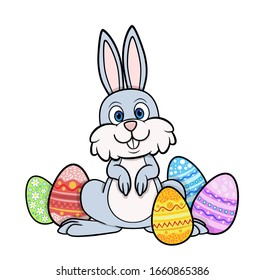 Cartoon bunny with colorful Easter eggs. on white background. stock illustration vector