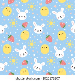 Cartoon Bunny and Cute Chick Seamless Pattern, Easter or Kid Vector Illustration Background with Strawberry