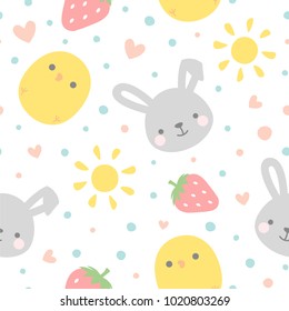 Cartoon Bunny and Cute Chick Seamless Pattern, Easter or Kid Vector Illustration Background with Strawberry