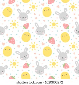 Cartoon Bunny and Cute Chick Seamless Pattern, Easter or Kid Vector Illustration Background with Strawberry