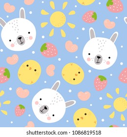 Cartoon Bunny and Cute Chick Seamless Pattern, Easter or Kid Vector Illustration Background with Strawberry