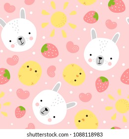 Cartoon Bunny and Cute Chick Seamless Pattern, Easter or Kid Vector Illustration Background with Strawberry