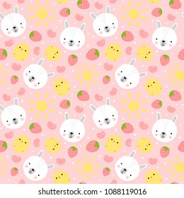 Cartoon Bunny and Cute Chick Seamless Pattern, Easter or Kid Vector Illustration Background with Strawberry