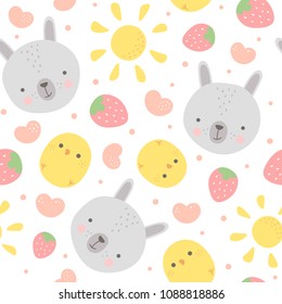Cartoon Bunny and Cute Chick Seamless Pattern, Easter or Kid Vector Illustration Background with Strawberry