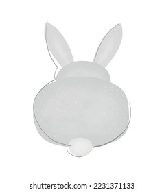 Cartoon of Bunny. Cute Hand Drawn Vector Illustration with Fluffy Gray Rabbit on a White Background. Sweet Bunny Print, Tail View. No Text. Easter Card. Nursery Art ideal for Poster, Wall Art.