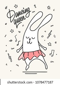 Cartoon bunny dancing like a dancing queen. Cute funny vector animal flat illustration