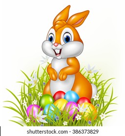 Cartoon bunny with easter eggs