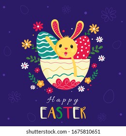 Cartoon Bunny with Eggs in Printed Bowl Decorated with Flowers and Leaves on Purple Background for Happy Easter Celebration.
