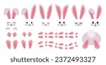 Cartoon bunny elements. Cute bunny footprint trail, paws, ears and faces. Funny bunnies head and muzzle. Decorative element for Easter. Printable stickers scrapbooking. Vector set. Animal character