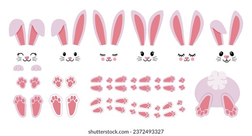 Cartoon bunny elements. Cute bunny footprint trail, paws, ears and faces. Funny bunnies head and muzzle. Decorative element for Easter. Printable stickers scrapbooking. Vector set. Animal character