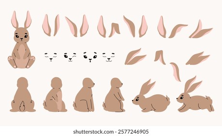 Cartoon bunny elements. Cute rabbit face ears tail paw, rabbits spring easter holiday decoration, flat kids bunnies stickers scrapbooking concept. Vector isolated rabbit set.