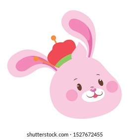 cartoon bunny face smiling and with cute hat icon over white background, vector illustration