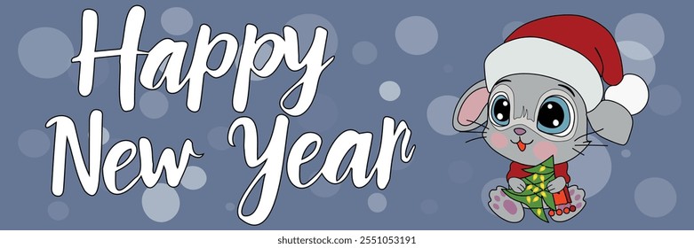 A cartoon bunny in a festive hat is holding a tree decorated with garlands. Vector holiday illustration with a caption.
