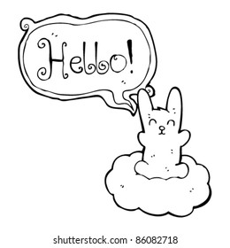 conejo de dibujos animados flotando en la nube saludando