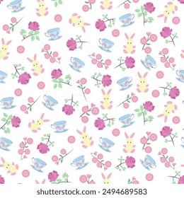 Cartoon Bunny Flower Cup Seamless Pattern