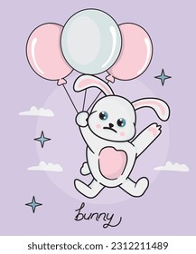 Cartoon bunny flying thrilling balloon.