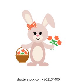 cartoon bunny girl with a basket and flowers set