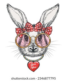 Cartoon bunny girl in glasses. Fashion cute doodle little rabbit girl portrait with polka dots bows and heart shape pendant isolated vector illustration