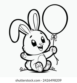 Cartoon bunny holding a balloon, black and white line art. Coloring Page, Vector file.
