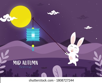 Cartoon Bunny Holding Chinese Lantern Stick and Full Moon on Purple Nature Background for Mid Autumn Festival Celebration.