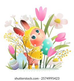 Cartoon bunny holding a colorful Easter egg surrounded with spring flowers garden. Springtime flowers and a rabbit or easter bunny cartoon. Vector character design for easter holiday greeting card.