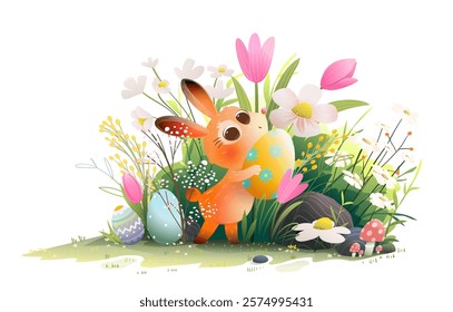 Cartoon bunny holding a colorful Easter egg in spring garden with flowers. Springtime flowers and easter bunny cartoon. Vector character design for easter holiday greeting card.