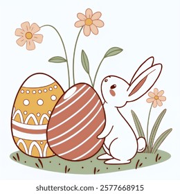 Cartoon bunny holding a colorful Easter egg in spring garden with flowers. Springtime flowers and easter bunny cartoon. Vector character design for easter holiday greeting card.