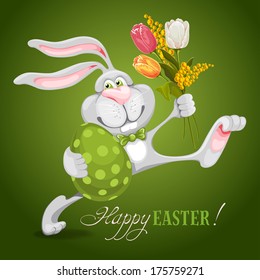 Cartoon bunny holding Easter egg and spring flowers and wishes you a Happy Easter