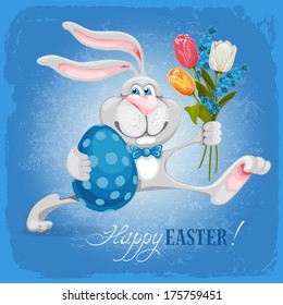 Cartoon bunny holding Easter egg and spring flowers and wishes you a Happy Easter