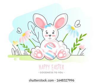Cartoon Bunny holding Egg on Floral Abstract Background for Happy Easter, Goodness To You.