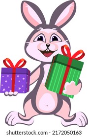 Cartoon bunny holding gift boxes, greeting card, flat vector illustration.