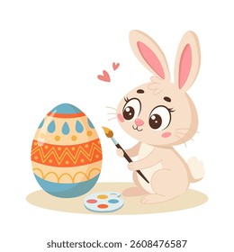 Cartoon bunny holding a paintbrush and paints a large Easter egg. Palette with bright colors, white background, cheerful festive mood. Vector illustration.