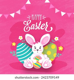 Cartoon Bunny Holding Printed Eggs and Bunting Flag Decorated on Floral Abstract Pink Background for Happy Easter Concept.