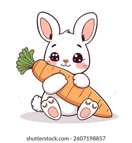 Cartoon Bunny Hugging Large Carrot, Isolated Illustration