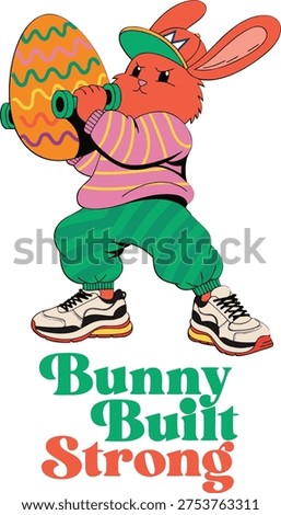 Cartoon bunny lifting colorful Easter egg dumbbell weightlifting