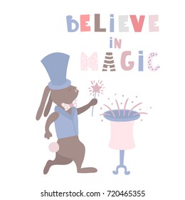 Cartoon bunny magician. Rabbit wizart circus artist. Greeting background. Vector Illustrtion