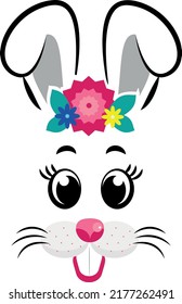 cartoon bunny masks with gray ears and flowers on white isolated background