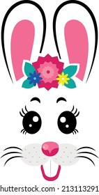 cartoon bunny masks with pink ears and flowers on white isolated background