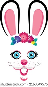 cartoon bunny masks with pink ears and flowers on white isolated background